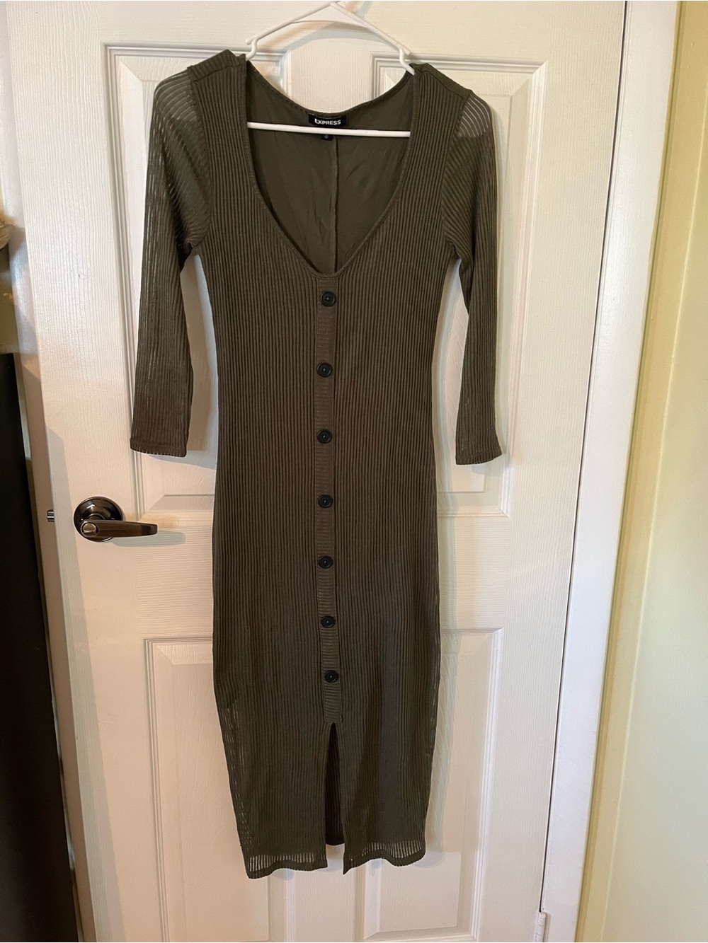 Express Olive Green Ribbed Button-Front Midi Dress